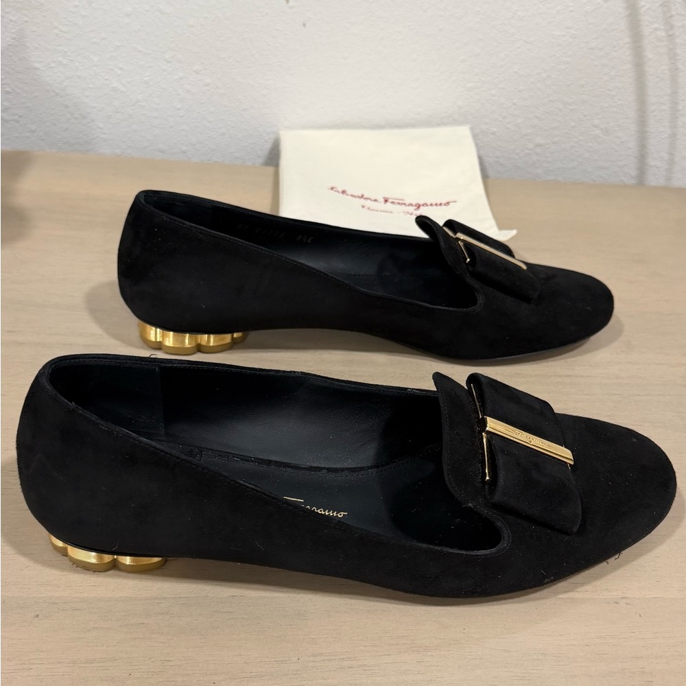 Salvatore Ferragamo Black Flats with Gold Detail
